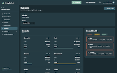 Budget categories screen showing spending limits and progress by category