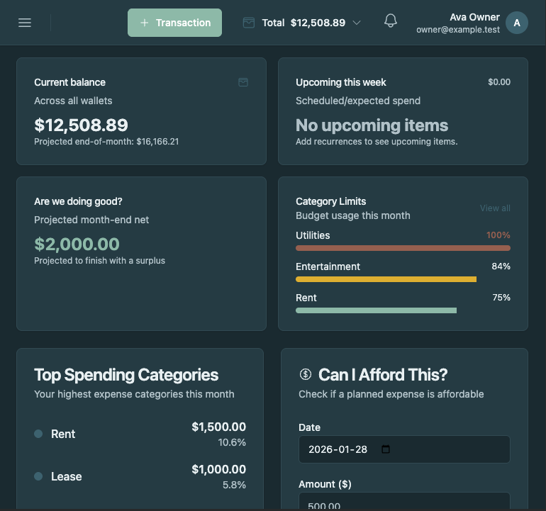 Simply Family Budget dashboard preview showing shared budgets, transactions, and family account balances